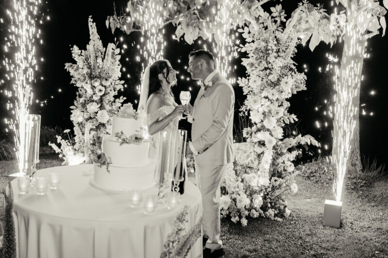 Brautpaar beim Tortenanschnitt mit Feuerwerk